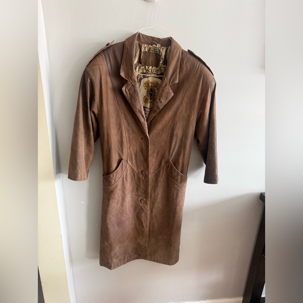 Vintage Hunt Club Brown Leather Coat Womens XS Genuine Leather Long Jacket